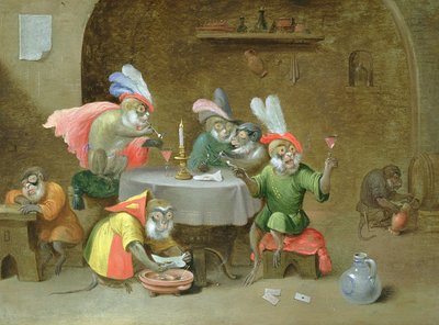 サルが飲んだり喫煙したりする居酒屋のインテリア（銅に油彩） 作： Ferdinand van Kessel